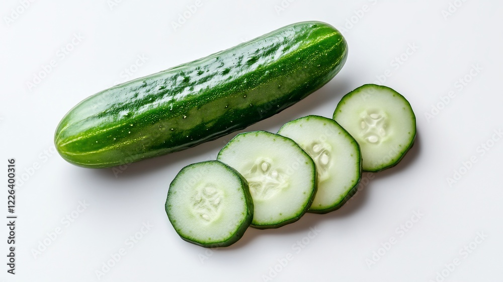 Fresh Cucumber and Slices on a White Background ready for a Salad or cooking Fresh Cucumber and Slices on a White Background ready for a Salad or cooking
