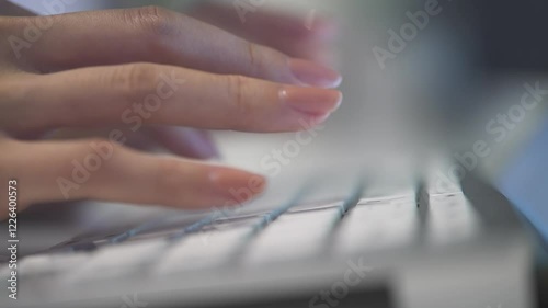 夜景の見える空間でパソコンのキーボードをタイプする手元
