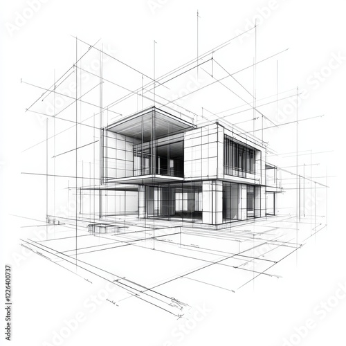Architectural sketch of a modern house with clean lines and a spacious design.