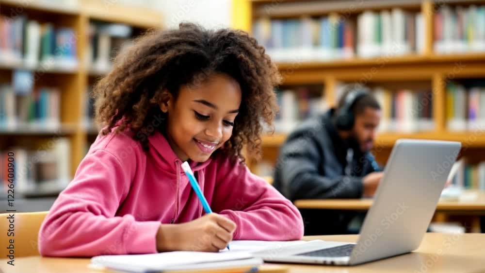 Black american girl student with curly brown hair wearing a pink hoodie smiling while studying at a desk Black american girl student with curly brown hair wearing a pink hoodie smiling while studying at a desk
