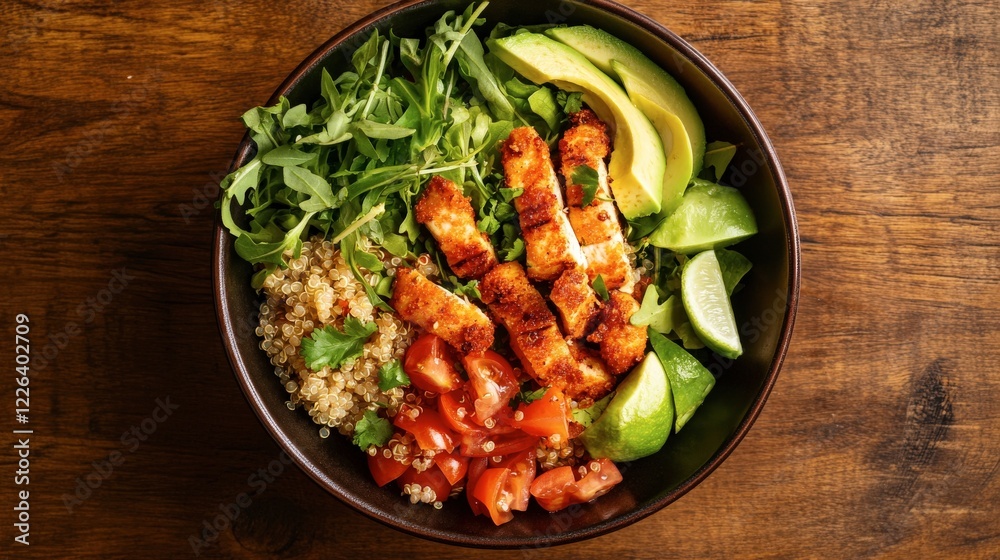 Fototapeta premium Aromatic Quinoa Bowl with Crispy Chicken, Avocado, and Fresh Vegetables