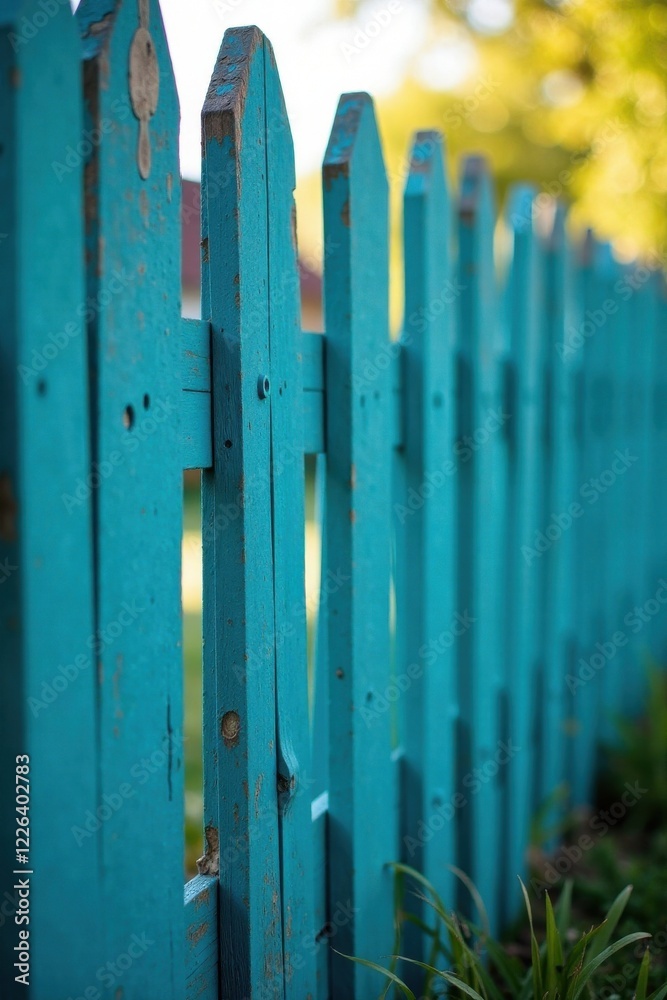 Fototapeta premium A weathered turquoise picket fence stands tall, showcasing the passage of time and the enduring beauty of rustic charm in a tranquil outdoor setting.