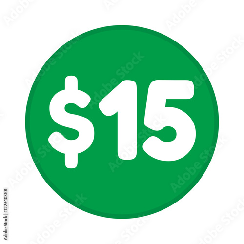 15 dollar price symbol. 15$ fifteen number with dollar sign green color round shape icon illustration. Vector label with text 15 dollar.
