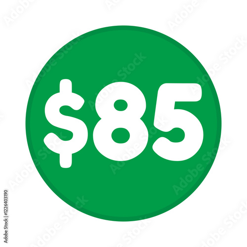 85 dollar price symbol. 85$ eighty five number with dollar sign green color round shape icon illustration. Vector label with text 85 dollar.