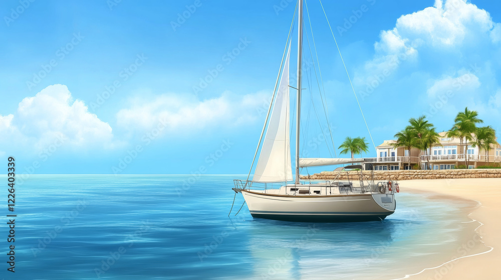 Sailboat on tranquil beach with clear blue sky and palm trees Sailboat on tranquil beach with clear blue sky and palm trees