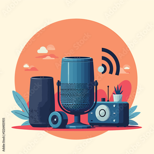 a microphone, speakers and a speaker on a table