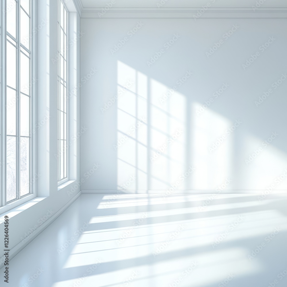 Fototapeta premium Sunlight streams into a bright, empty white room with large windows and gleaming floors.