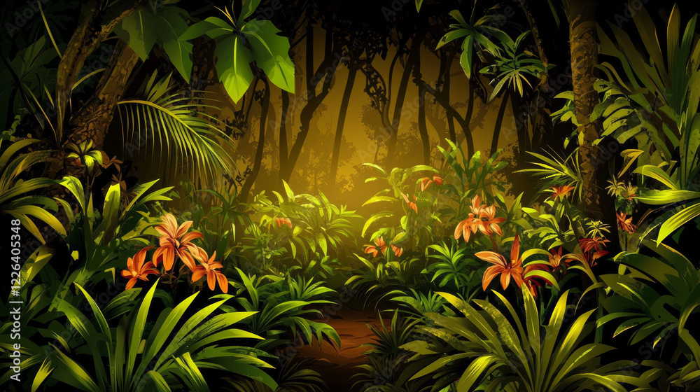Lush jungle with vibrant foliage and flowers in dense forest setting Lush jungle with vibrant foliage and flowers in dense forest setting