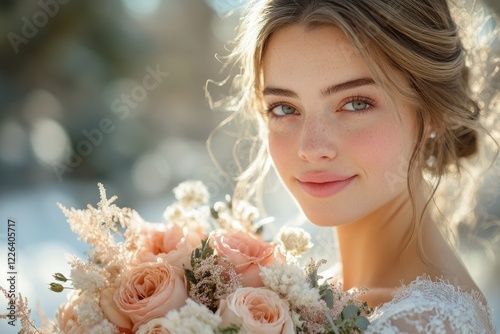 Bride Wedding Bridal Ceremony Bouquet Natural Light Indoor Romantic Pastel Colors