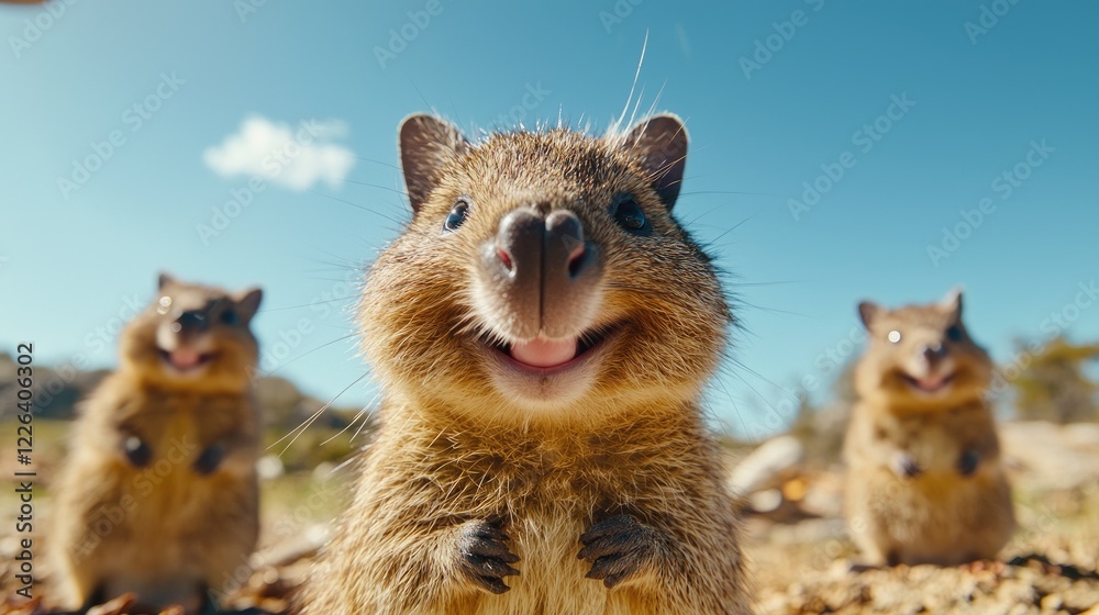 Three quokkas smiling, sunny Australian outback. Perfect for calendars, websites