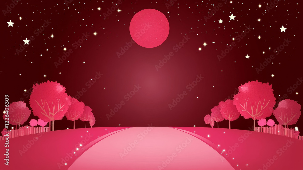 pink landscape with trees and starry sky under full moon pink landscape with trees and starry sky under full moon