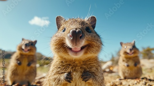 Obraz na płótnie Three quokkas smiling, sunny Australian outback. Perfect for calendars, websites w salonie