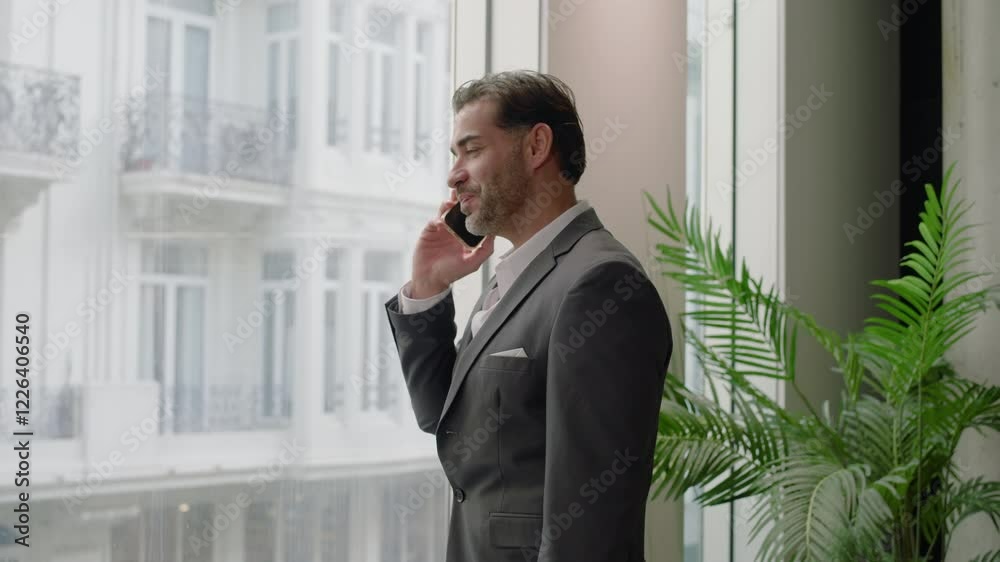 In a vibrant office, sharpdressed businessman makes an important phone call, showcasing his professionalism and dedication to clients while balancing tasks with seamless communication In a vibrant office, sharpdressed businessman makes an important phone call, showcasing his professionalism and dedication to clients while balancing tasks with seamless communication