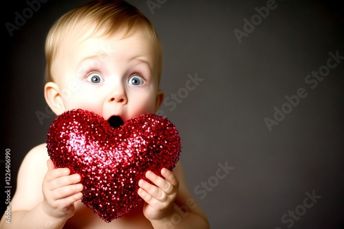 Sign of love. Ð¡hildren valentine's day greeting card: child boy with amazed face holds red heart in hands. Commercial marketing concept art layout. Valentine's joy with children. Love and kids. photo