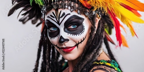 Cultural appropriation - Caucasian woman with face painted like Mexican calavera, dreadlocks hair, feathered headdress, kimono, mandala background
