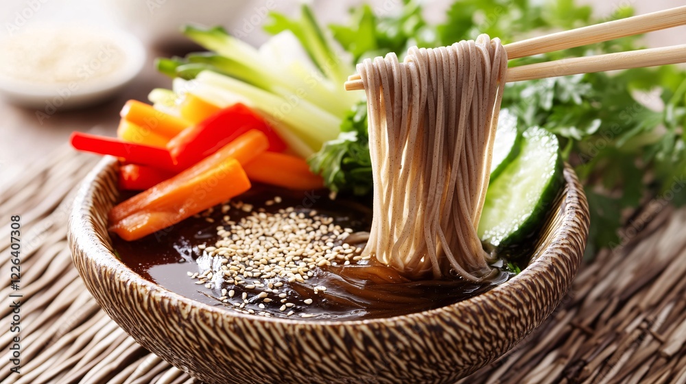 Chopsticks holding a portion of cold soba noodles from a dipping sauce, surrounded by fresh vegetables and a sprinkle of sesame seeds Chopsticks holding a portion of cold soba noodles from a dipping sauce, surrounded by fresh vegetables and a sprinkle of sesame seeds