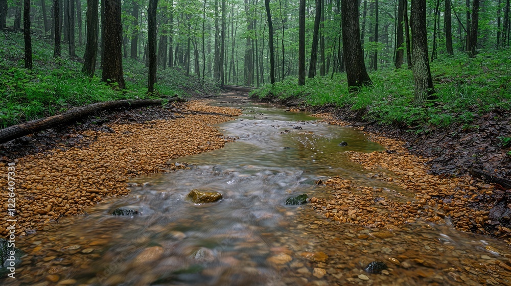 Fototapeta premium Tranquil Stream Flows Through Lush Green Forest
