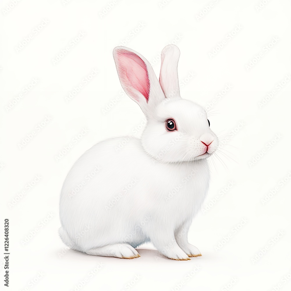 Adorable White Rabbit with Pink Ears Sitting on White Background, Pure Innocence and Clean Simplicity Adorable White Rabbit with Pink Ears Sitting on White Background, Pure Innocence and Clean Simplicity