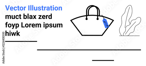 Black handbag with blue price tag beside a minimal abstract plant illustration. Ideal for fashion, ecommerce, shopping, branding, minimalist concepts, sales, flat landing page banner