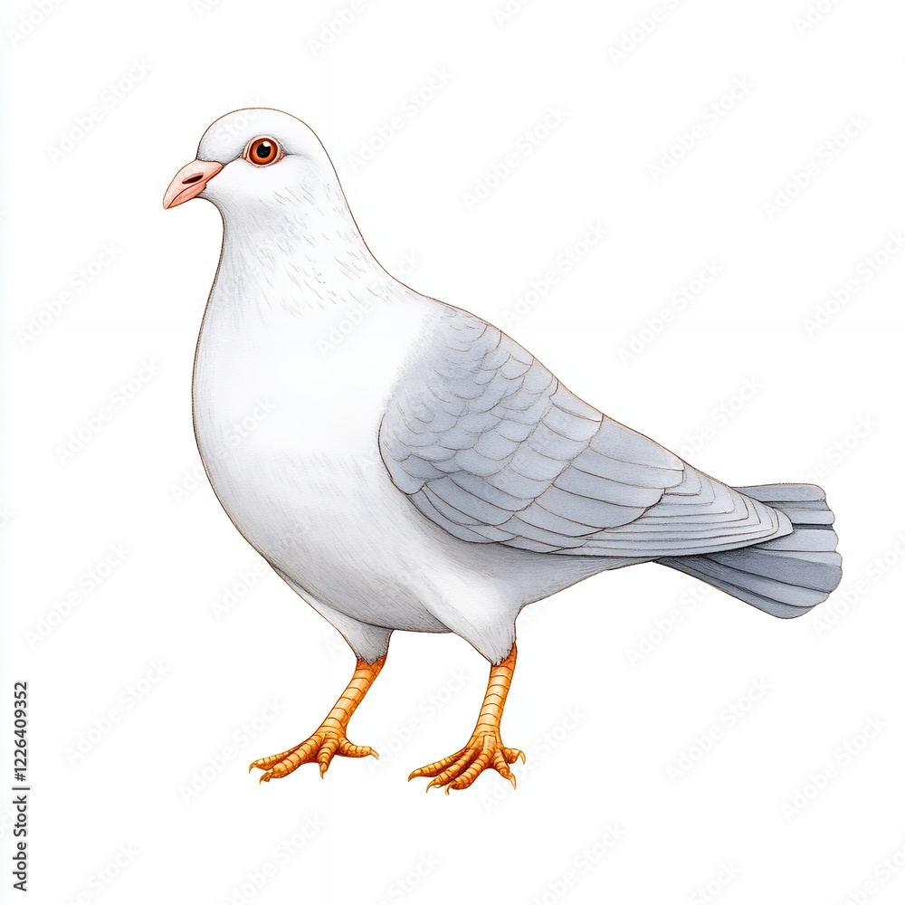 Obraz premium Detailed Illustration of a White and Grey Pigeon, Standing Gracefully Against a Clean White Background