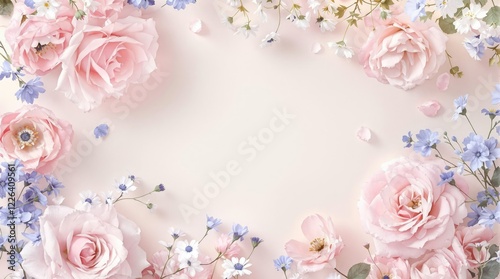 Artistic composition of pastel colors with pink roses and blue flowers, decorating, natural, colors, blossom, artistry