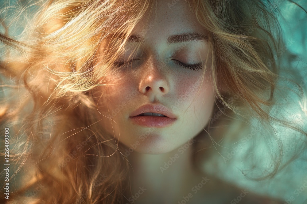 Naklejka premium Beautiful Woman with Flowing Black Hair in a Dreamy Soft Focus Portrait