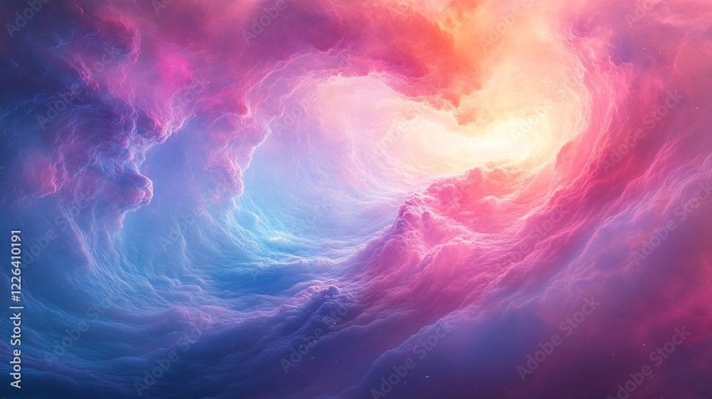 Fototapeta premium Whimsical pink blue clouds swirl gently creating a heart shape glowing warmly. AI Generated