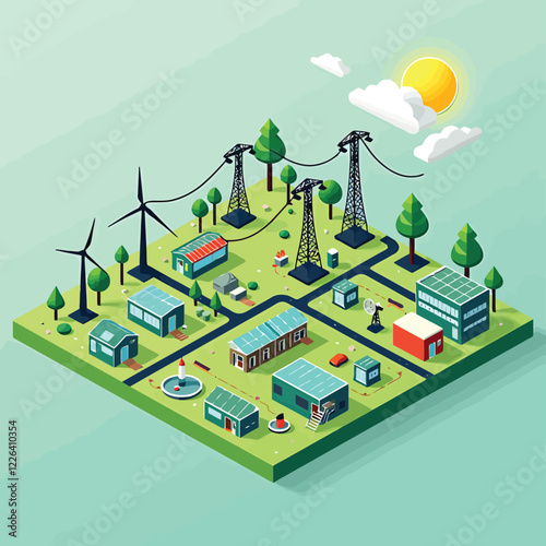 an illustration of a wind farm with solar panels and wind turbines