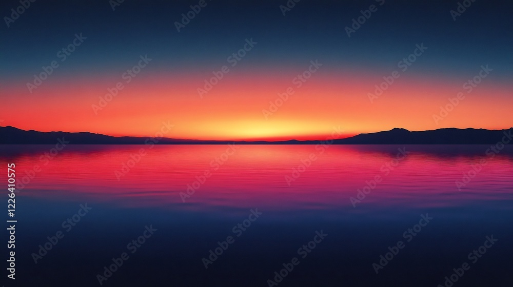 Fototapeta premium Vibrant sunset paints serene lake with fiery hues reflecting tranquil landscape. AI Generated