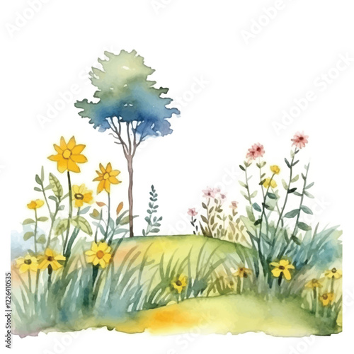 watercolors A sunny meadow with wildflowers swaying illustration