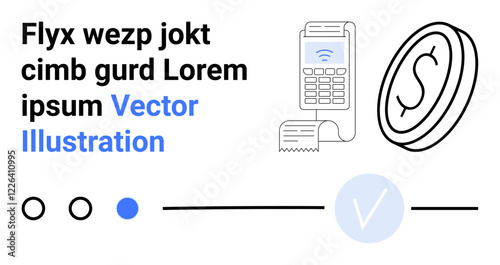 NFC payment terminal beside a receipt, large coin icon. Progress indicators and text snippet on left. Ideal for fintech, digital payments, mobile wallets, finance apps, transaction security, modern