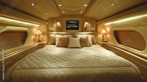 Luxury private jet cabin bedroom; sunset view; travel comfort photo