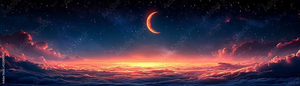 A panoramic view of a vibrant sunset under a crescent moon with scattered stars in a twilight sky

