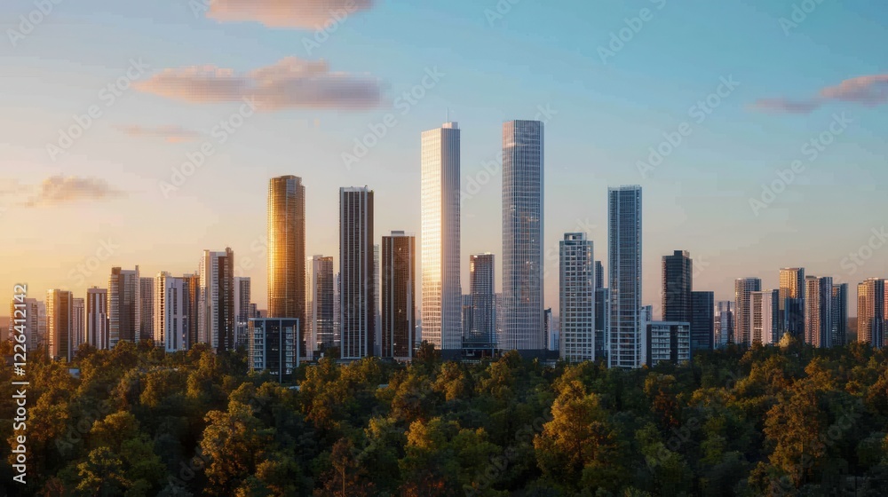 Obraz premium Renewable Energy Sustainability Climate Change concept. Renewable Energy Powered Smart City Skyline at Sunset