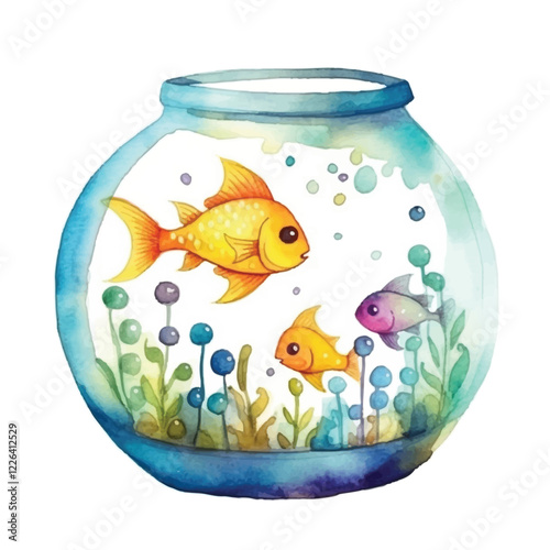 watercolors A whimsical fishbowl with colorful fish illustration