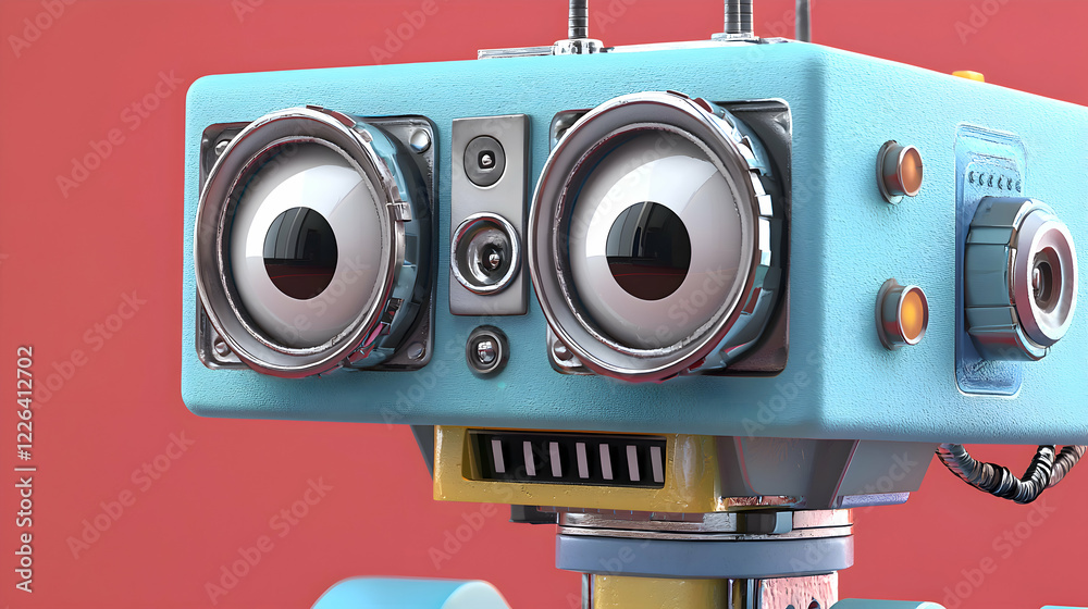 Fototapeta premium 3D rendered Pastel Robot in Blue, Pink, and White - red background 