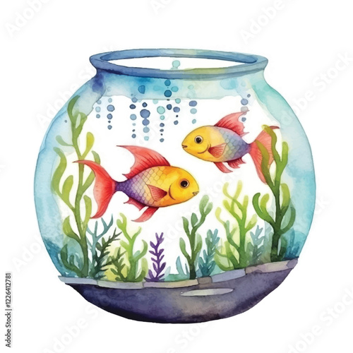 watercolors A whimsical fishbowl with colorful fish illustration
