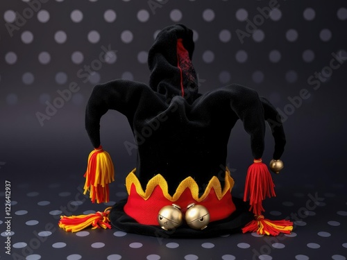 Background with dark black color and a whimsical jester hat with colorful polka dots, bells, and tassels, a symbol of foolishness and fun, hat, black, jester photo