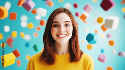 A cheerful woman smiles against a vibrant background filled with colorful geometric shapes, conveying a sense of fun and creativity.