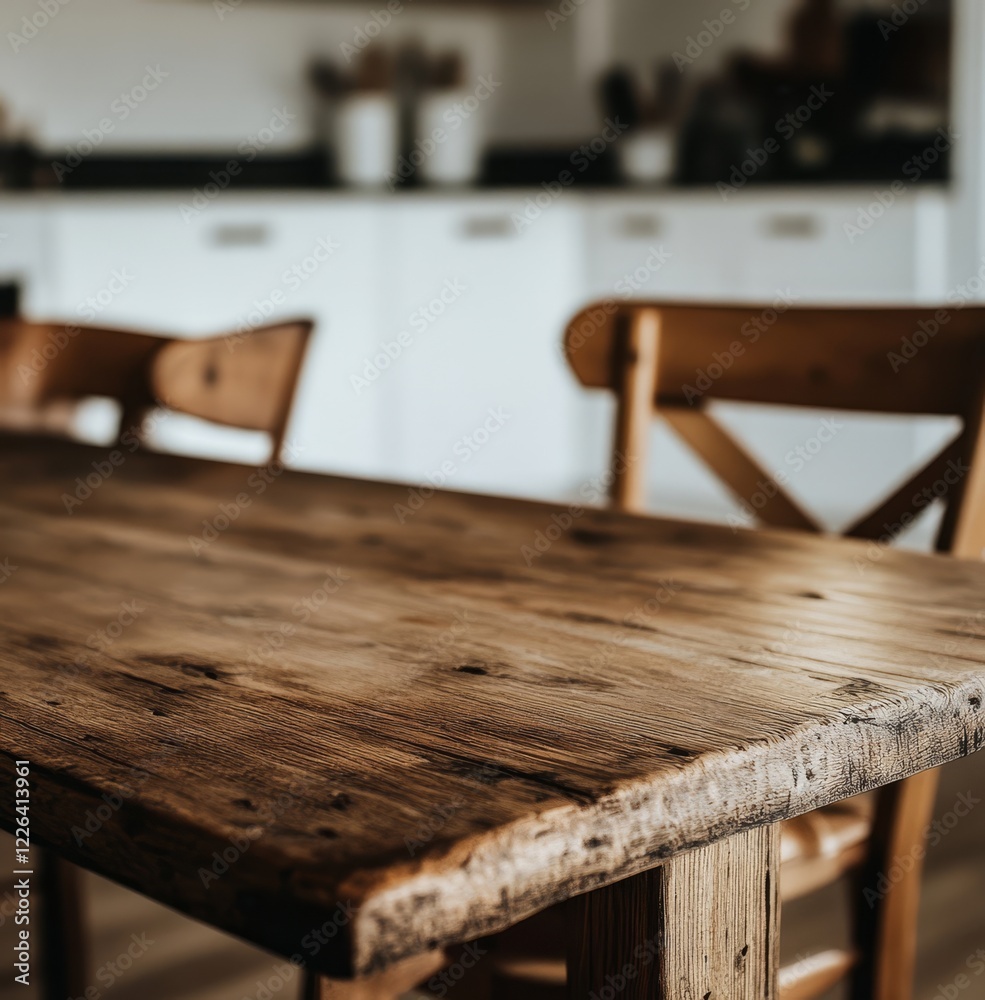 Rustic wooden dining table in kitchen. Rustic wooden dining table in kitchen.