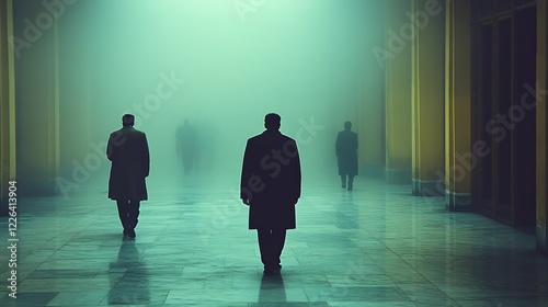 Men walking foggy grand hallway; mystery, suspense, film noir photo