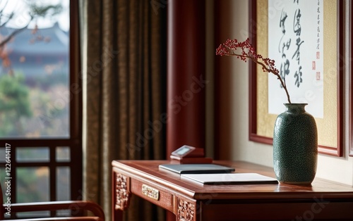 Elegant Chinese-style office with a polished lacquered desk, traditional wooden chair, and a decorative floral vase. 