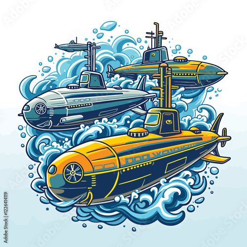 a yellow submarine and a blue submarine in the ocean