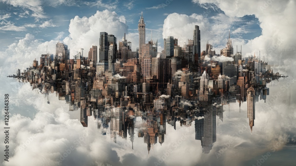 Fototapeta premium A Floating Metropolis Above the Clouds: A Surreal Urban Landscape
