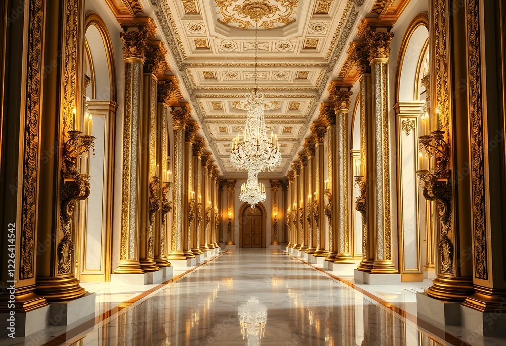 Obraz premium Luxurious Ornate Hallway With Golden Deco and Chandeliers, Generative AI