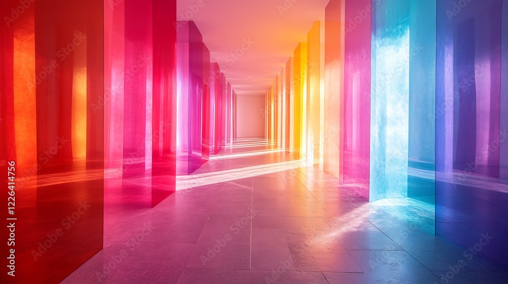 Vibrant colorful glass panels illuminate hallway softly creating a joyful atmosphere. AI Generated Vibrant colorful glass panels illuminate hallway softly creating a joyful atmosphere. AI Generated