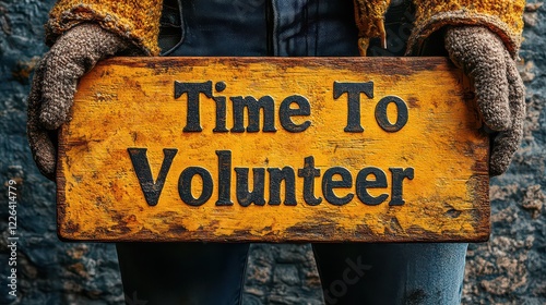 Person holding a rustic wooden sign reading 