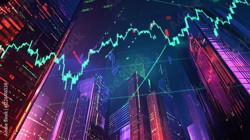 Futuristic cityscape at night with neon lights and stock market trend lines overlaying buildings
