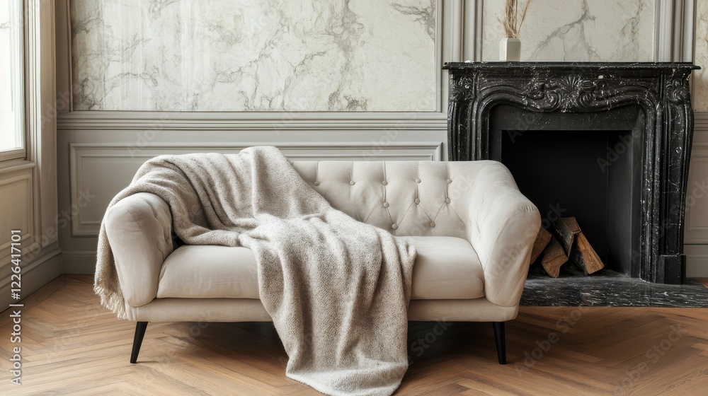 Fototapeta premium Cozy Beige Sofa With A Throw Blanket Sits In Front Of A Black Marble Fireplace In A Room With Marble Wallpaper. The Scene Is Calm And Inviting.