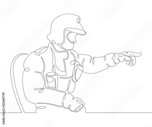One continuous drawing line logo firefighter fireman rescuer in uniform and helmet at work .Single hand drawn art line doodle outline isolated minimal illustration cartoon character flat